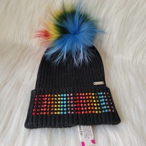 Bari Lynn Girl’s Rainbow Crystal Fox Fur PomPom Beanie